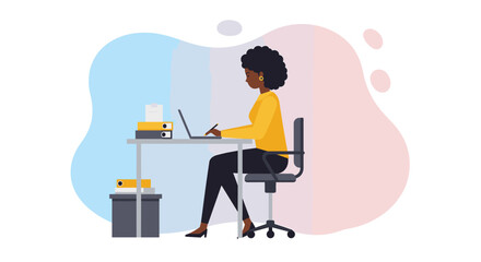 a woman sitting at a desk, working on a laptop, with a stack of papers and folders beside her. Suitable for landing page, banner, marketing, web design, presentation, infographic, etc.