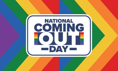 National Coming Out Day. Happy holiday. Pride month. LGBT rainbow flag. Diversity and equality. Gay and lesbian. Free love, heart shape. Illustration. Vector poster