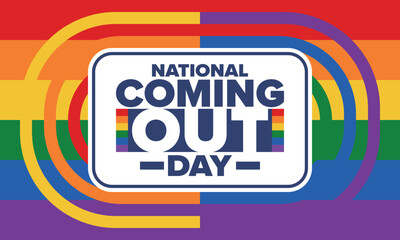 National Coming Out Day. Happy holiday. Pride month. LGBT rainbow flag. Diversity and equality. Gay and lesbian. Free love, heart shape. Illustration. Vector poster
