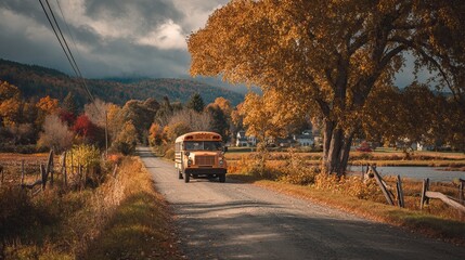 Yellow school bus is picking up children in a suburban neighborhood at sunrise. AI generated image