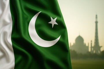 Pakistan independence day background with pakistan flag and iconic monuments silhouette.