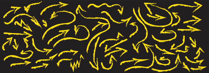 Pastel chalk arrow doodles set - hand drawn swirls, pointers, curved lines. Artistic colored pencil sketches, chaotic crayon strokes design elements pack. Marker grunge scribbles and drawings.