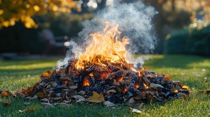Autumn leaves burning in a pile on grass