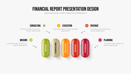 Financial Performance 5 Element Diagram Presentation Layout. Digital Portfolio Five Option Infographic Frame Template. Investor Proposal Slide Design Vector Illustration.