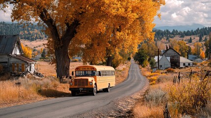 Obraz premium Yellow school bus is picking up children in a suburban neighborhood at sunrise. AI generated image
