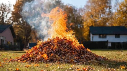 Autumn leaves ablaze in a bonfire