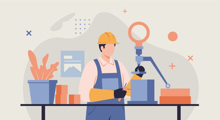 This flat design illustration portrays an industrial worker operating machinery, perfect for modern manufacturing web design.