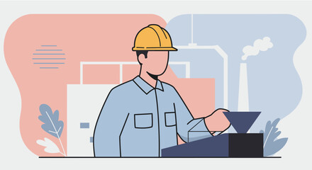 a construction worker wearing a hard hat, standing in front of a control panel with a plant in the background. Suitable for landing page, banner, marketing, web design, presentation, infographic, etc.