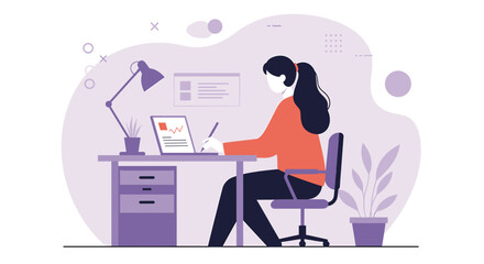 a woman sitting at a desk with a laptop, pen, and plant, with a lamp and abstract shapes in the background. Suitable for landing page, banner, marketing, web design, presentation, infographic, etc.