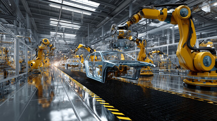 Electric Vehicle Production with Robotic Arms at Factory