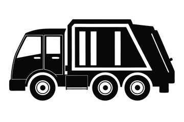 Fototapeta premium Black silhouette of a garbage truck featuring a cab and waste container, side view