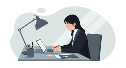 a woman in a business suit working on a laptop at a desk with a lamp, papers, and a cup of pens. Suitable for landing page, banner, marketing, web design, presentation, infographic, etc.