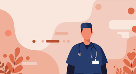 a medical professional, likely a doctor, wearing a blue uniform with a stethoscope around their neck. Suitable for landing page, banner, marketing, web design, presentation, infographic, etc.