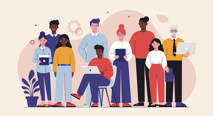 Obraz premium This vibrant flat design illustration showcases a diverse team of professionals collaborating, perfect for modern business, marketing, or web design projects.
