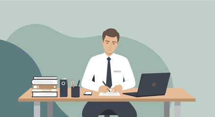 An illustrated businessman sits at a desk, working on a laptop and taking notes, perfect for web design, marketing, and presentation materials.