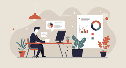A businessman analyzes data and charts on his computer, using a flat design infographic style for a compelling web presentation or marketing landing page.