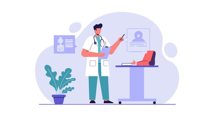 Friendly doctor giving a presentation using modern medical infographic elements on a landing page banner for marketing and web design.