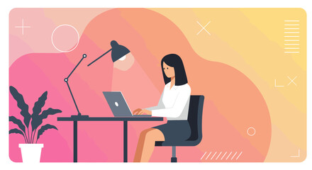 A woman is seated at a desk, focused on her laptop, with a lamp illuminating her workspace. Suitable for landing page, banner, marketing, web design, presentation, infographic, etc.