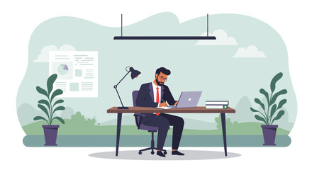 A man in a suit is seated at a desk, working on a laptop with a pen and notepad in front of him. Suitable for landing page, banner, marketing, web design, presentation, infographic, etc.