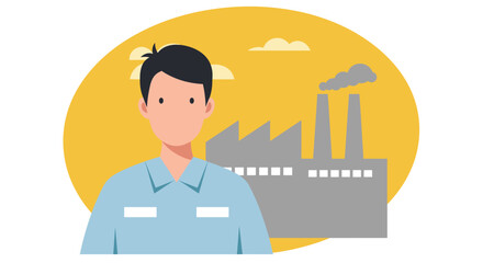 a man with short hair, wearing a blue shirt, standing in front of a factory with two smokestacks. Suitable for landing page, banner, marketing, web design, presentation, infographic, etc.