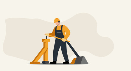A dedicated worker in a hard hat and overalls operates a robust lever mechanism, depicted in a clean flat design illustration suitable for various digital platforms.
