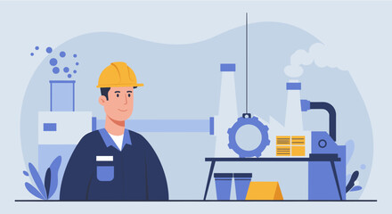 Friendly industrial worker in flat design style, perfect for landing pages, banners, marketing, and presentations needing a modern and approachable aesthetic for web design and infographics.
