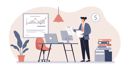 A modern illustration depicts a businessman reviewing documents at his office desk, surrounded by charts, a laptop, and a stylish interior design for marketing and business presentations.
