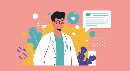 Friendly doctor in flat design style for healthcare landing page, website banner, or marketing presentation.  Perfect for medical websites, blogs, and infographics needing a personable, approachable