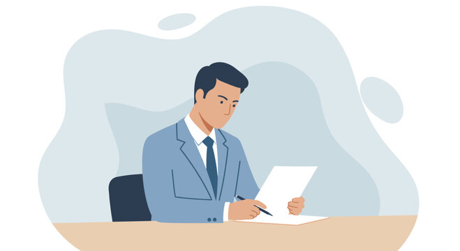 A businessman reviewing documents at his desk, illustrated in a modern flat design style, perfect for presentations, websites, and marketing materials.