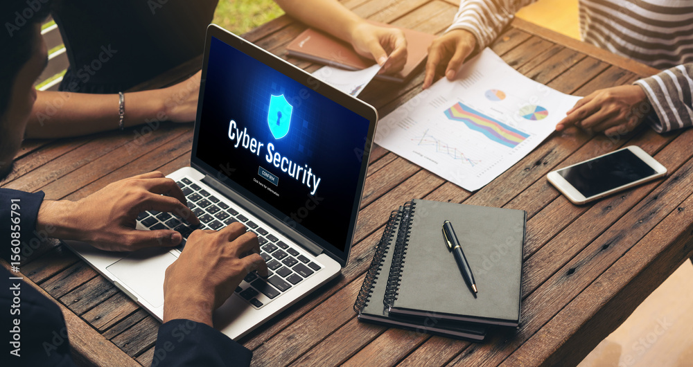 Poster cyber security system on computer screen protect private information snugly from hacker and cyber at