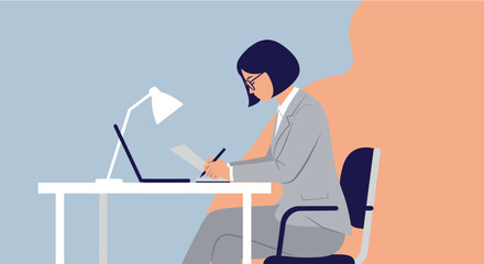 This minimalist flat illustration portrays a dedicated woman focused on her tasks at a modern desk, utilizing a laptop and writing simultaneously.