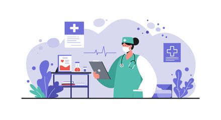 Female doctor using tablet in medical office, flat design illustration for landing page, banner, marketing, web design, presentation, and infographic. 