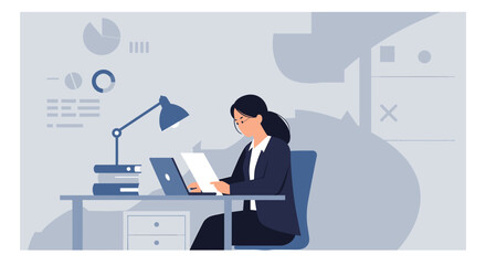 a woman in a business suit working at a desk with a laptop, surrounded by office supplies and a light fixture. Suitable for landing page, banner, marketing, web design, presentation, infographic, etc.