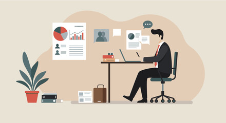 Flat design illustration of a businessman working on his laptop at his desk, surrounded by marketing materials and data analysis charts for a landing page or presentation.
