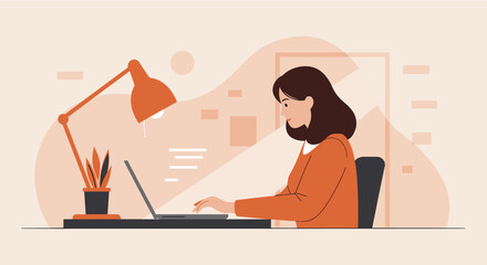 Flat design illustration of a woman working on a laptop at a desk with a lamp, perfect for marketing and web design presentations.