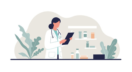 A female doctor is reviewing a patient's chart in a modern, flat design illustration, suitable for a medical website landing page or healthcare marketing banner.