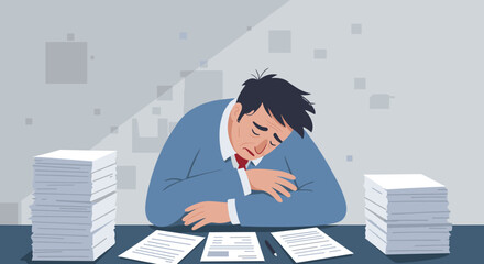 Tired businessman sleeping on desk surrounded by paperwork, flat design illustration perfect for landing page banners, marketing presentations, and website design.