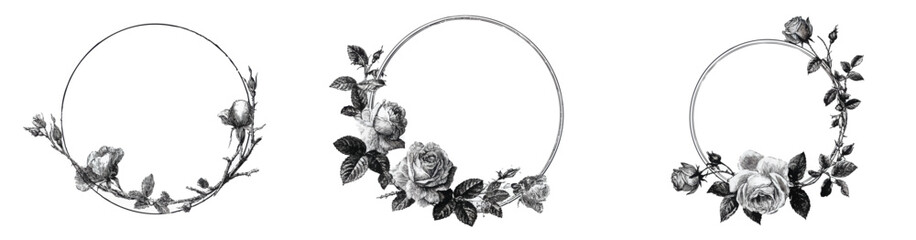 Set of three rose floral circular frames with vintage line art design