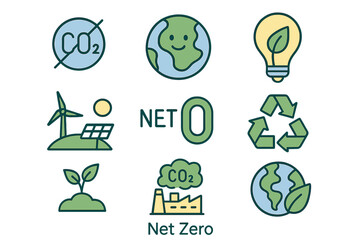 A collection of linear-style line icons, titled 'Net zero', focusing on carbon, green energy, recycling, and the Green Planet, presented as an outline icon set with conceptual pictograms and