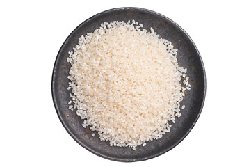 Uncooked white Rice in a bowl isolated on white background. top view