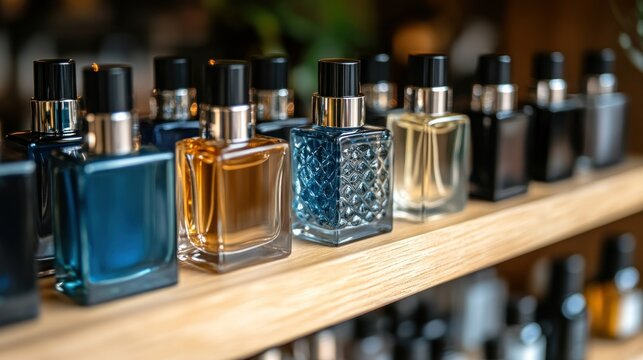 Perfume bottles in various colors and shapes on a wooden shelf