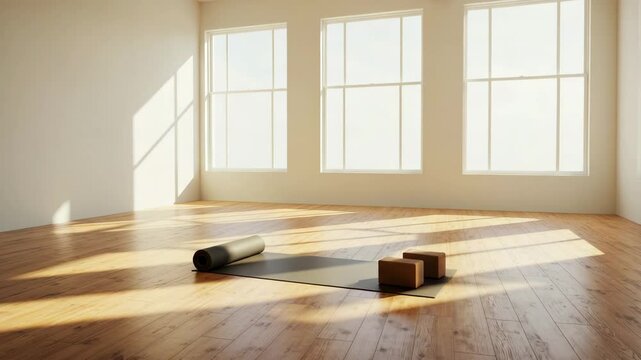 Sunny empty yoga studio with mat and blocks, in warm neutral tones, representing a space for wellness and fitness