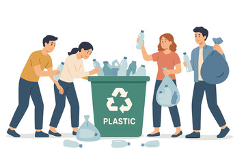 Flat cartoon vector illustration of people collecting plastic trash and sorting garbage into a recycling bin, representing the concept of plastic pollution