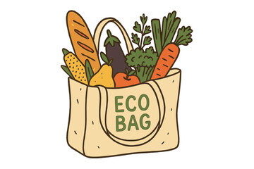 Eco-friendly shopping is depicted through a hand-drawn illustration of a canvas bag containing fresh produce from a farmer's market, emphasizing the use of reusable tote bags for grocery store