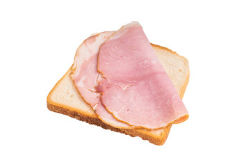 Ham sandwich, Bread with sliced pork meat isolated on white background. top view