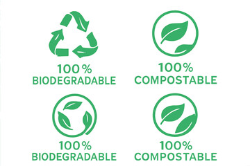 A set of six green recycling leaves symbols on a white background, representing a 100% biodegradable and compostable icon, logo, or sign, embodying the concept of zero waste, eco-friendliness, and