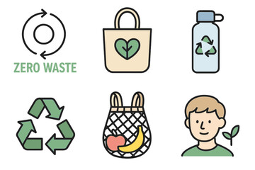 A simple set of outline icons related to zero waste, representing an ecology concept
