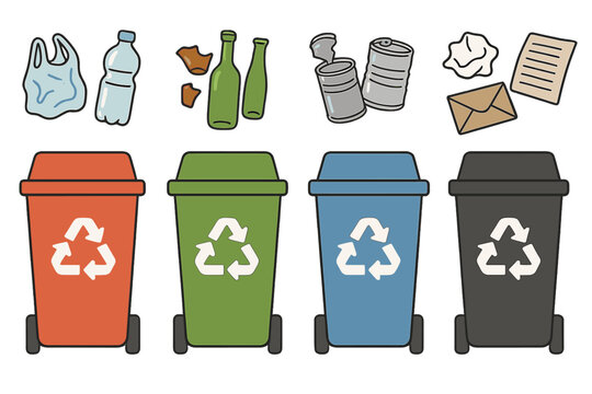 A set of colorful recycling bins and various types of garbage are depicted in clipart form, featuring simple red, green, blue, and black dustbins alongside plastic, glass, metal, and paper waste