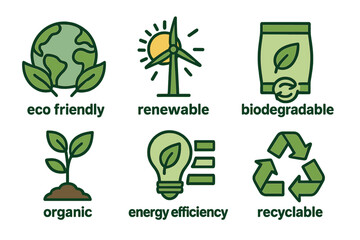 Eco friendly icon set featuring sustainable products, renewable resources, biodegradable materials, organic elements, energy efficiency and recyclable items