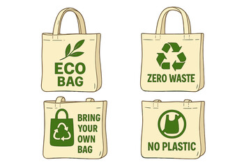 Vector illustration of a realistic set of eco bags featuring zero waste prints